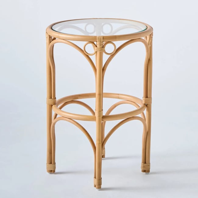 Guéridon en rotin GINGKO plateau verre Couleur bois clair <span itemprop=