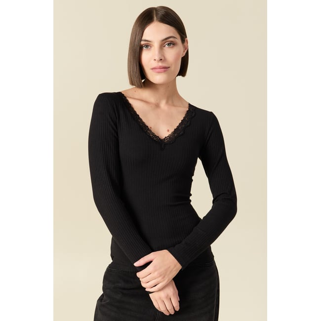 T-shirt cintré col v dentelle noir <span itemprop=