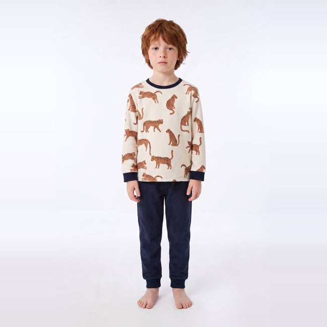 Pyjama velours manches longues imprimé contient du coton BIO GOTS marine <span itemprop=