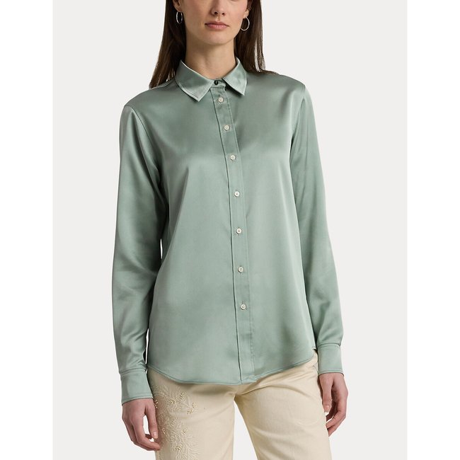 Chemise satinée manches longues JAMELKO vert eau <span itemprop=