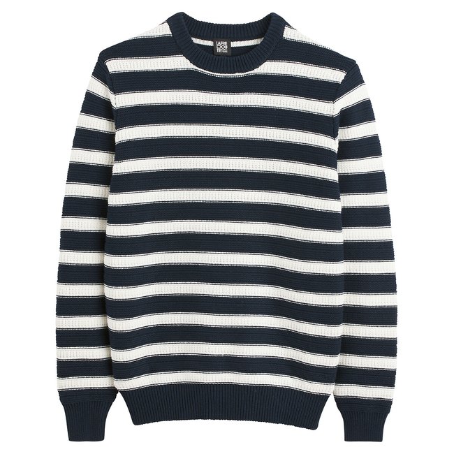 Fine Cotton Mix Jumper with Crew Neck, navy/ecru striped, LA REDOUTE COLLECTIONS