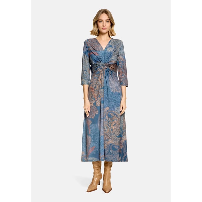 Robe longueur midi à fronce bleu/rouge <span itemprop=