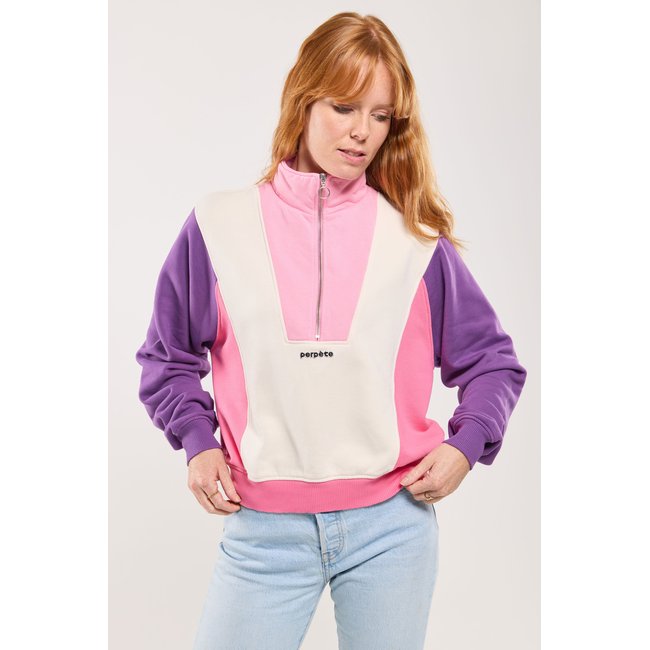 Sweat coton bio col zippé EMMA crème, rose <span itemprop=
