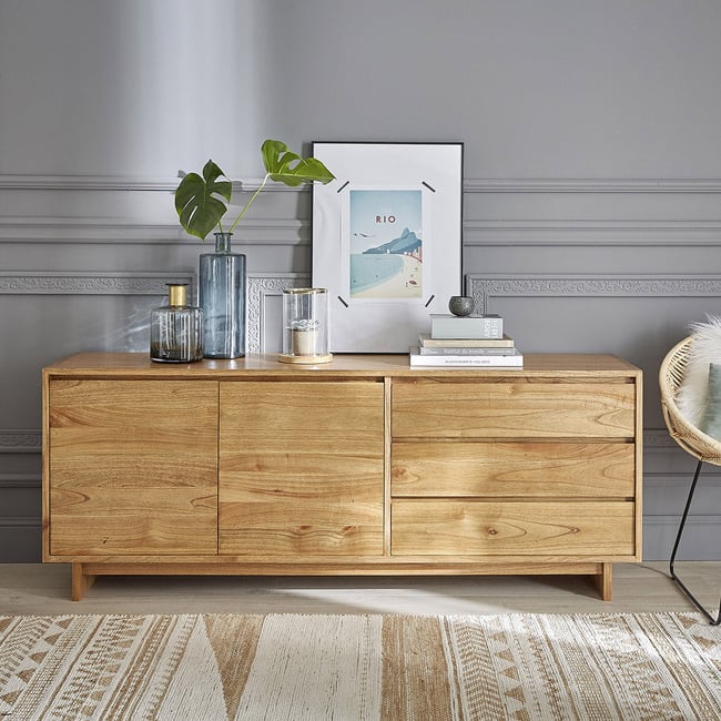 Commode en bois massif 180 cm 2 portes 3 tiroirs  TILO Couleur naturel <span itemprop=