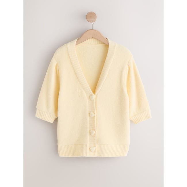 Cardigan à boutons cœurs et manches courtes jaune <span itemprop=