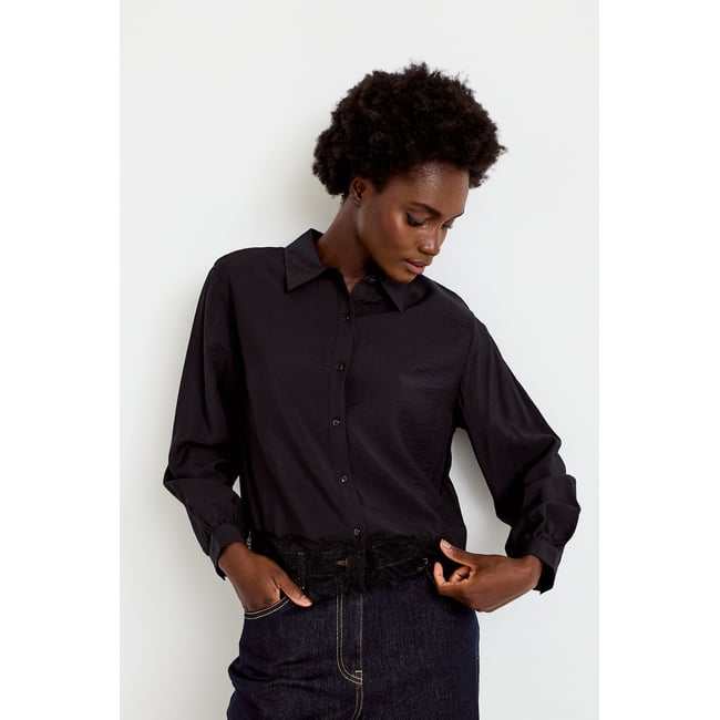Chemise droite manches longues dentelle noir <span itemprop=