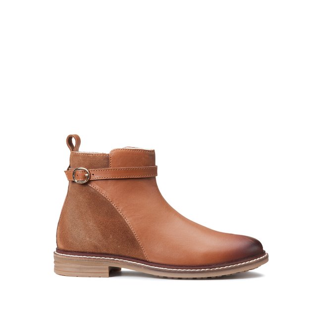 Kids leather ankle boots with fleece lining and zip fastening camel La Redoute Collections La Redoute