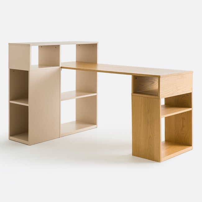 Bureau d'angle réversible avec rangements, Biface chene/beige <span itemprop=