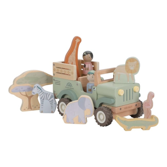 Voiture de Safari et animaux en bois vert <span itemprop=