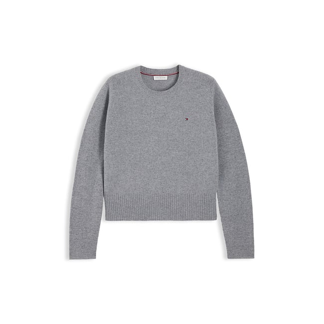 Pull col rond manches longues en laine gris moyen chiné <span itemprop=