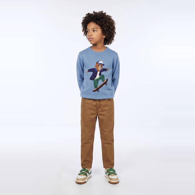 Pantalon droit élastiqué uni en coton gabardine <span itemprop=