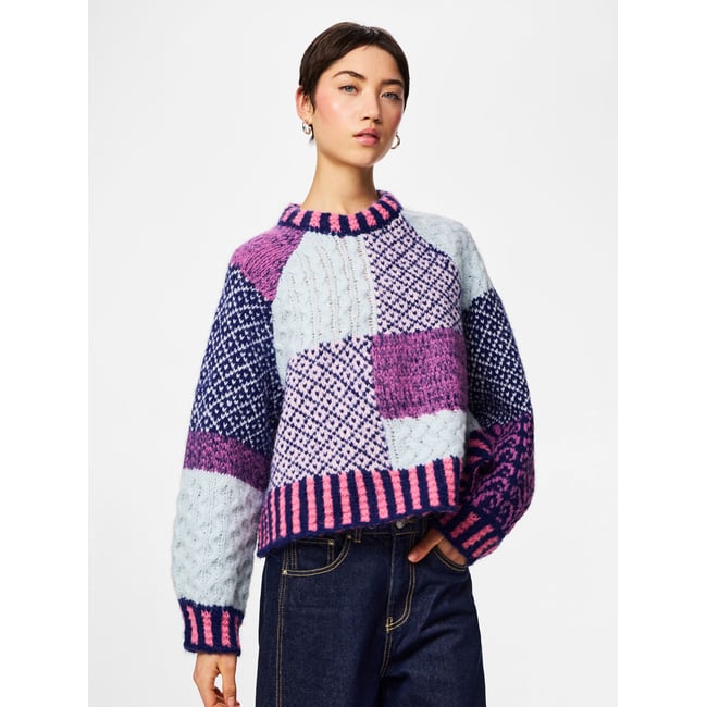 Pull manches longues, motif patchwork sachet pink <span itemprop=