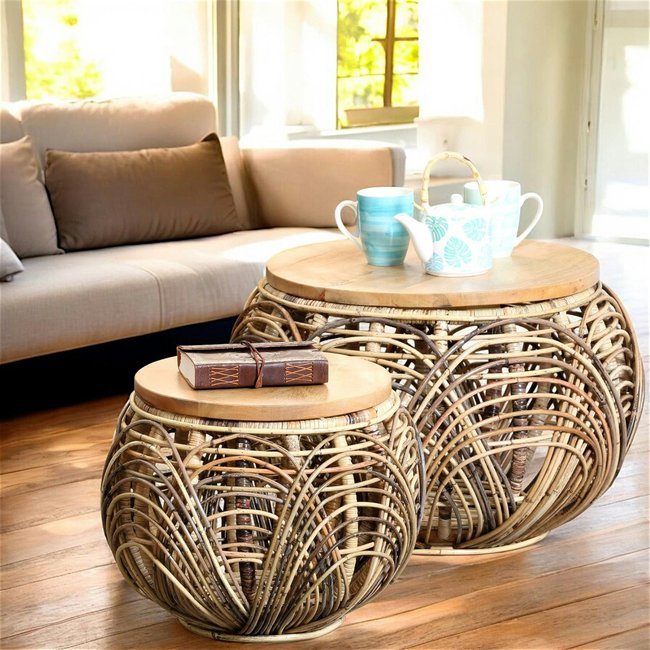 Table basse ronde en rotin (lot de 2) Couleur bois naturel <span itemprop=