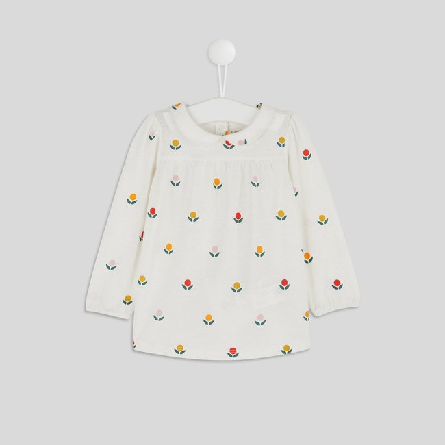Blouse imprimée fleurs col claudine manches longues, fille, en coton BIO, OEKO-TEX ecru <span itemprop=
