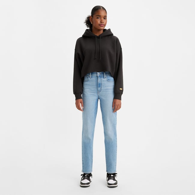 Jean High Waisted Mom light indigo worn in <span itemprop=