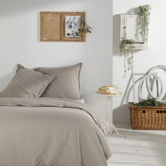 Parure De Couette 100% Coton 240x220 Cm - 1 Housse + 2 Taies 63x63 Cm - Gris, Doux, Fentes Passe-mains - 10