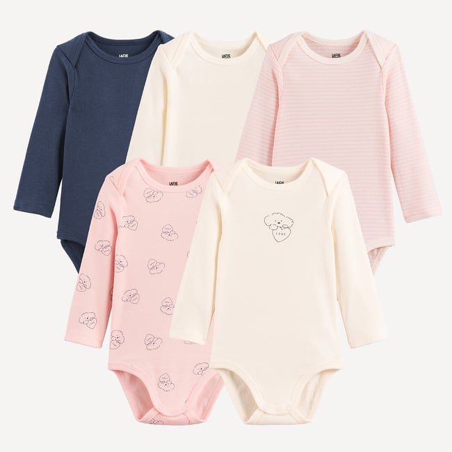 Pack of 5 Dog Print Cotton Long Sleeve Cutaway Shoulder Bodysuits navy+grey+green LA REDOUTE COLLECTIONS