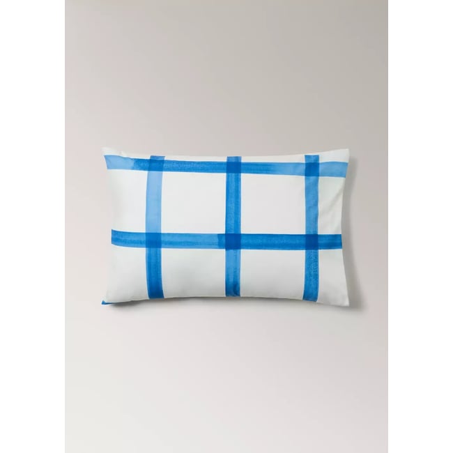 Deux taies d’oreiller en coton percale à carreaux effet aquarelle 50x75 cm bleu <span itemprop=