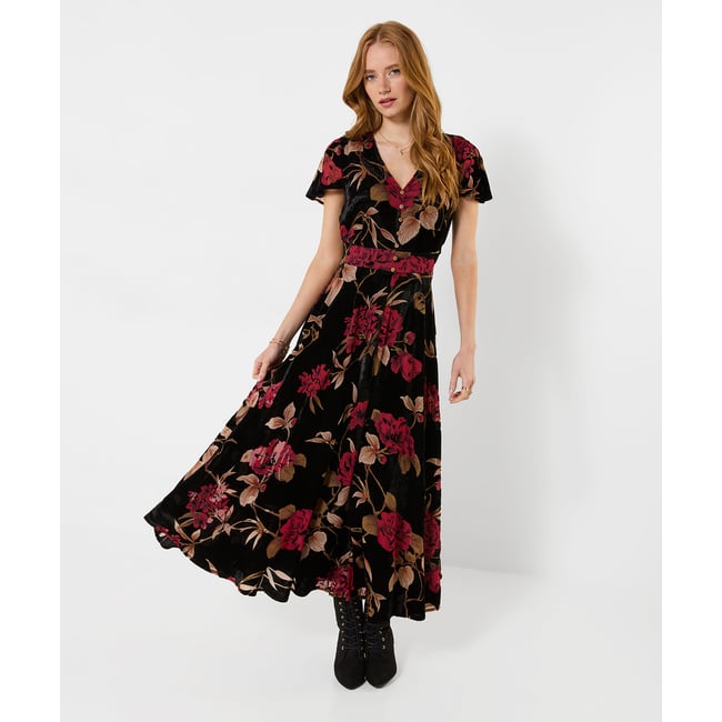 Robe Longue en Velours Dévoré Remarquable noir <span itemprop=