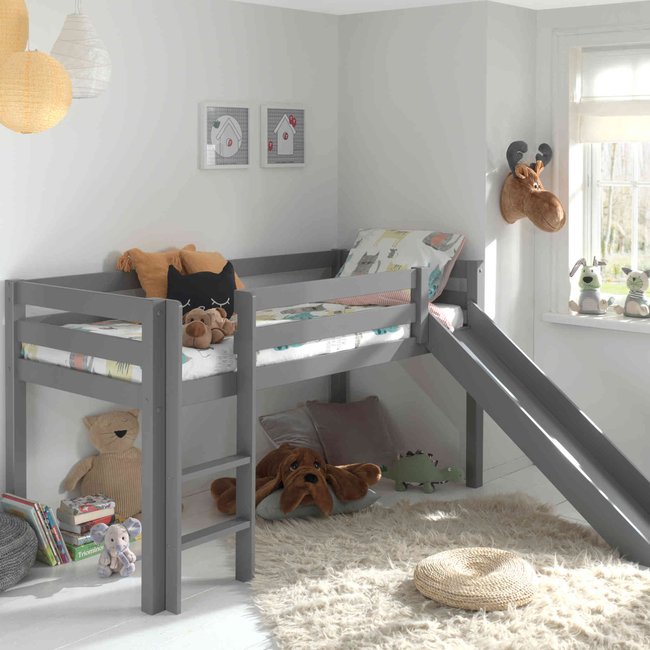 Lit mi hauteur avec toboggan en bois massif Couleur gris <span itemprop=