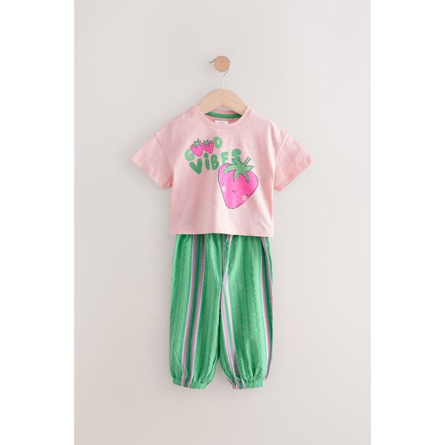 T-shirt et pantalon à rayures ensemble vert/rose <span itemprop=