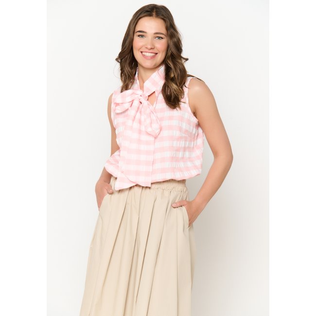 Blouse à noeud vichy rose corail <span itemprop=