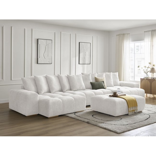 Canapé panoramique fixe 7 places en tissu bouclette avec pouf, ANAKIN - BOBOCHIC