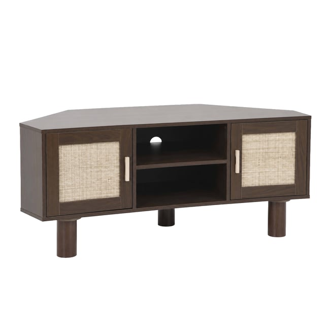 Meuble TV d'angle effet bois et cannage 120 cm en rotin synthétique style bohème, ADAM - OVIALA