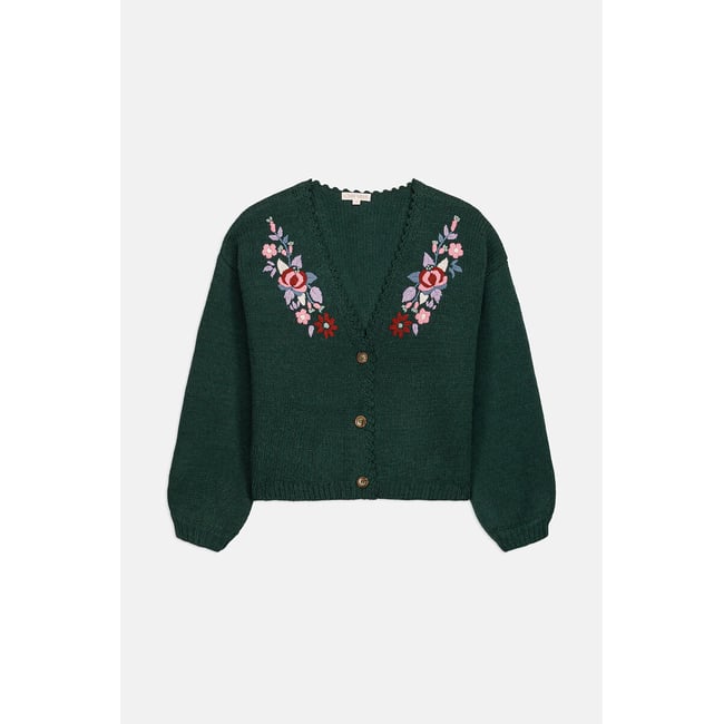 Cardigan col V brodé, LUNAMI vert forêt <span itemprop=
