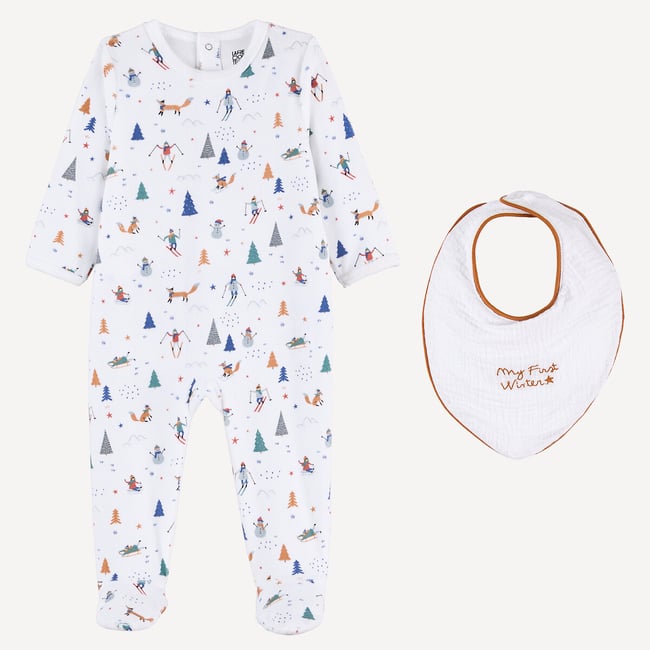 Conjunto de pijama de 1 peça em veludo com motivo de inverno e babete sortido <span itemprop=