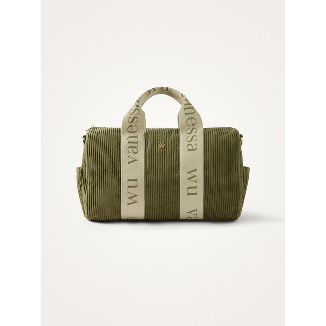 Sac week-end Adrienne en velours côtelé vert kaki <span itemprop=
