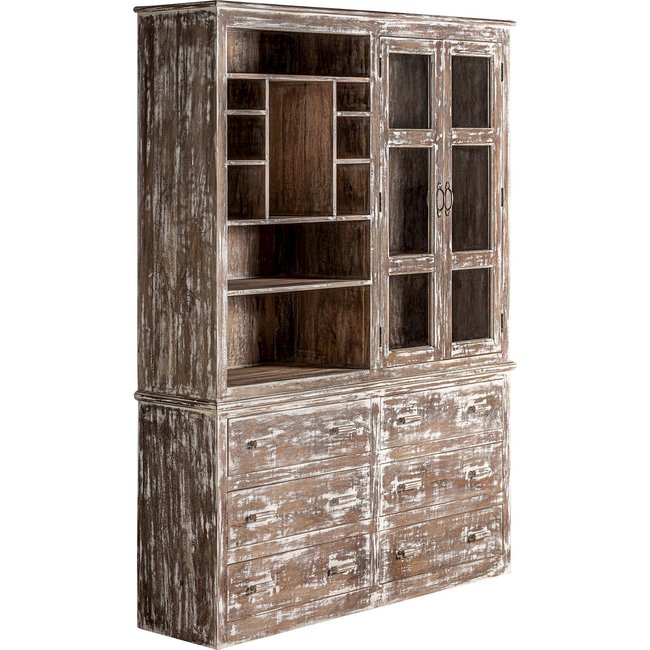 Vitrine en bois de mangue, Malung Couleur blanc cassé patiné effet vieilli <span itemprop=