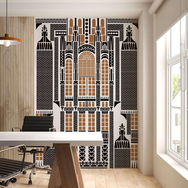 Papier peint formes géométriques, imitation façade d'un batiment - 255x260 cm (l x h) Couleur noir <span itemprop=
