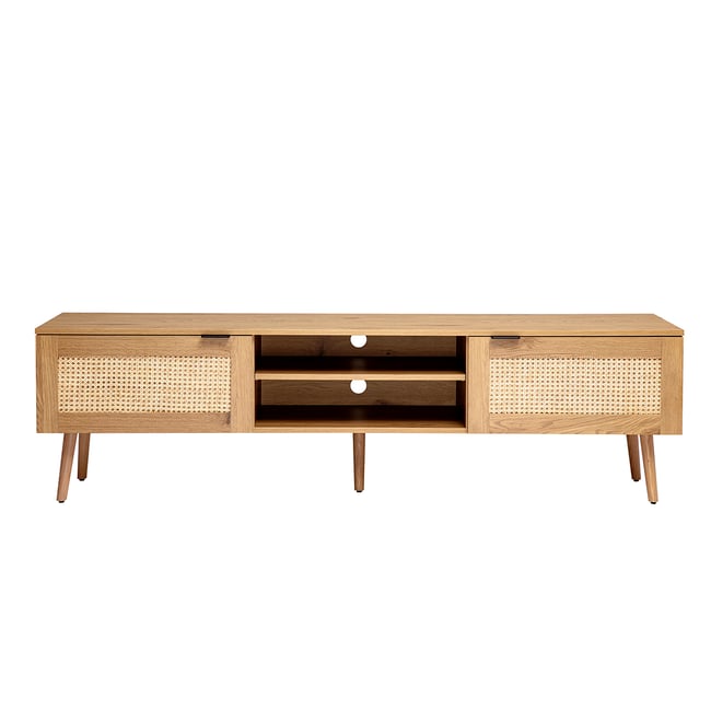 Meuble TV finition bois clair, cannage rotin et métal noir 2 portes L180 cm MANILLE Couleur marron <span itemprop=