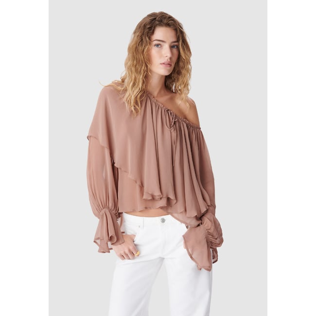 Blouse fluide large volant marron <span itemprop=