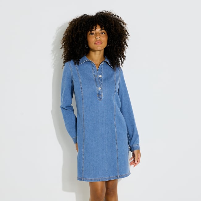 Robe courte en jean manches longues bleu stone <span itemprop=