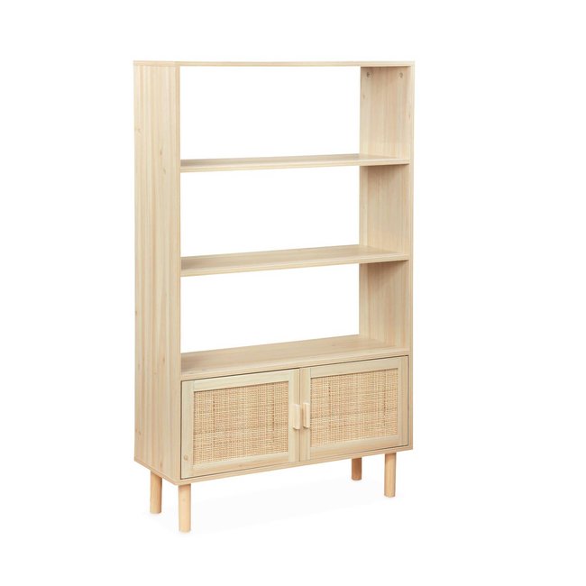Etagère bibliothèque cannage et effet bois 3 niveaux 2 portes CAMARGUE Couleur naturel <span itemprop=