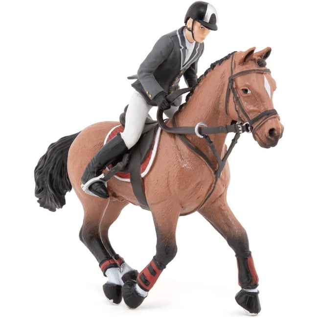 Figurine Cheval de concours et son cavalier marron <span itemprop=