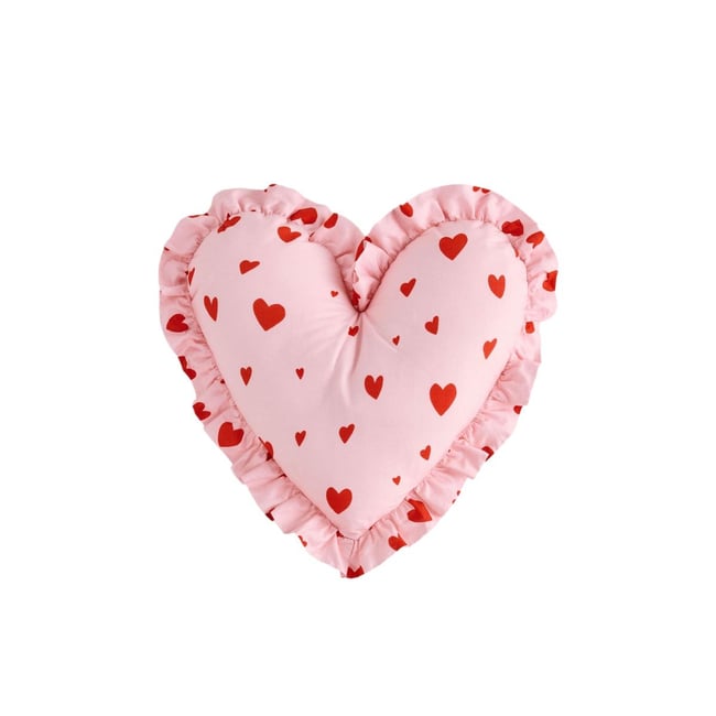 Coussin cœurs à volants rose/rouge <span itemprop=