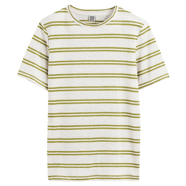 Striped Linen T-Shirt with Crew Neck, ecru /green striped, LA REDOUTE COLLECTIONS