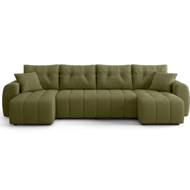 Canapé panoramique convertible 6 places en tissu chenille - ALBA Couleur vert olive <span itemprop=