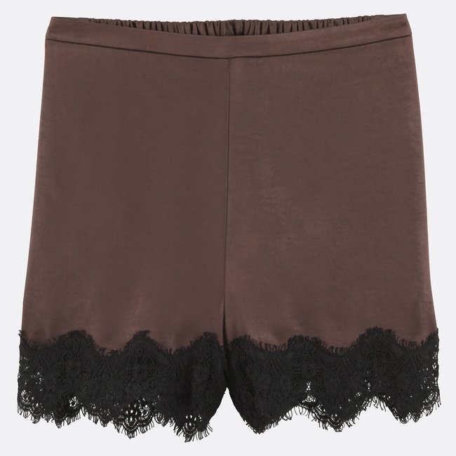 Short satiné avec dentelle marron <span itemprop=