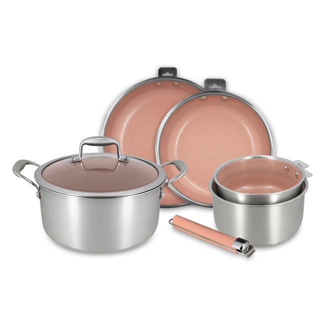 Batterie de cuisine 5 pièces en acier inoxydable avec 1 poignée, AGLAE inox-rose <span itemprop=