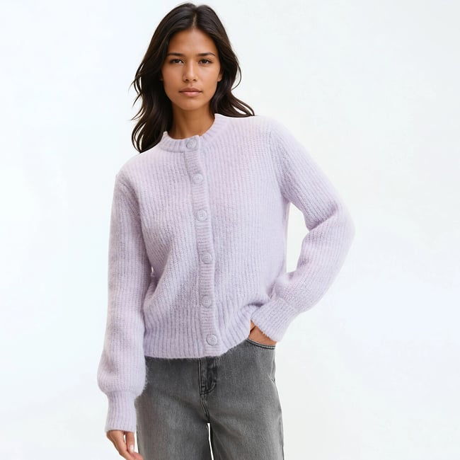 Cardigan alpaga mélangé, Signature AMBROISE violet parme <span itemprop=