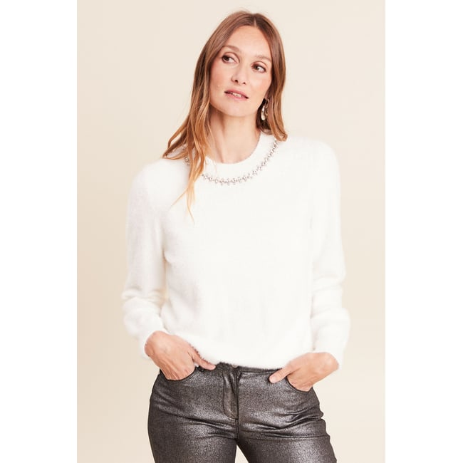 Pull manches longues ecru <span itemprop=