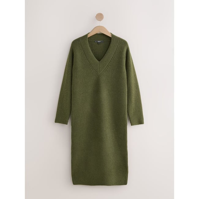 Robe mi-longue ultra-douce à col v avec laine vert kaki <span itemprop=