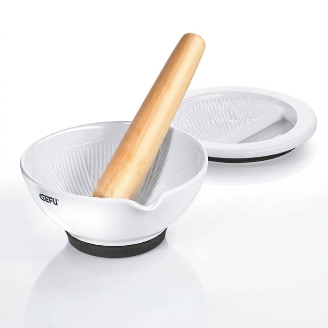 Mortier en porcelaine, avec râpe SURI blanc <span itemprop=