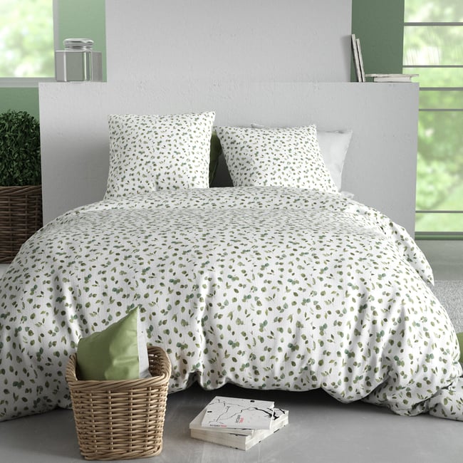 Paure coton imprimée couette et 2 taies, MERISE vert <span itemprop=
