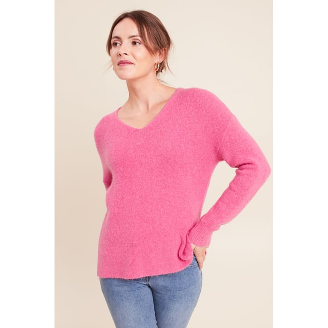 Pull col v manches longues rose fushia <span itemprop=