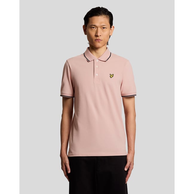 Polo à liserés contrastés rose pamplemousse/ foncé marine <span itemprop=